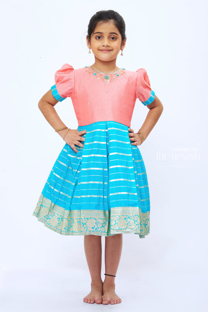 The Nesavu Silk Party Frock Pink and Blue Zari Embroidered Silk Frock - Elegant Traditional Wear for Girls Nesavu 16 (1Y) / Blue / Silk SF740B-16 Girls' Pink Silk Frock with Blue Zari Embroidery | Luxurious Festive Dress | The Nesavu