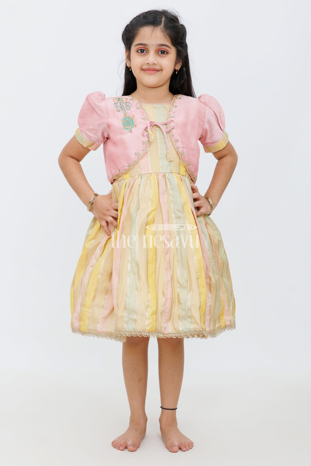 The Nesavu Silk Party Frock Pink and Gold Semi-Organza Frock for Girls with Embroidered Blouse Nesavu Pink Gold Girls Frock Striped Skirt Embroidered Blouse Festivals Celebrations