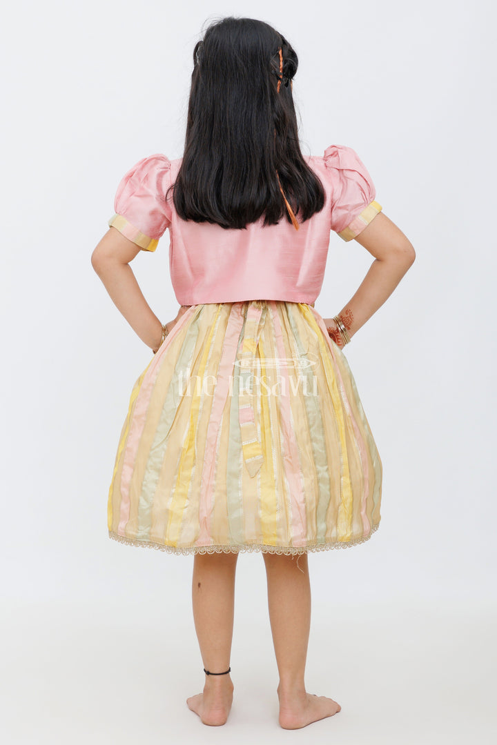 The Nesavu Silk Party Frock Pink and Gold Semi-Organza Frock for Girls with Embroidered Blouse Nesavu Pink Gold Girls Frock Striped Skirt Embroidered Blouse Festivals Celebrations