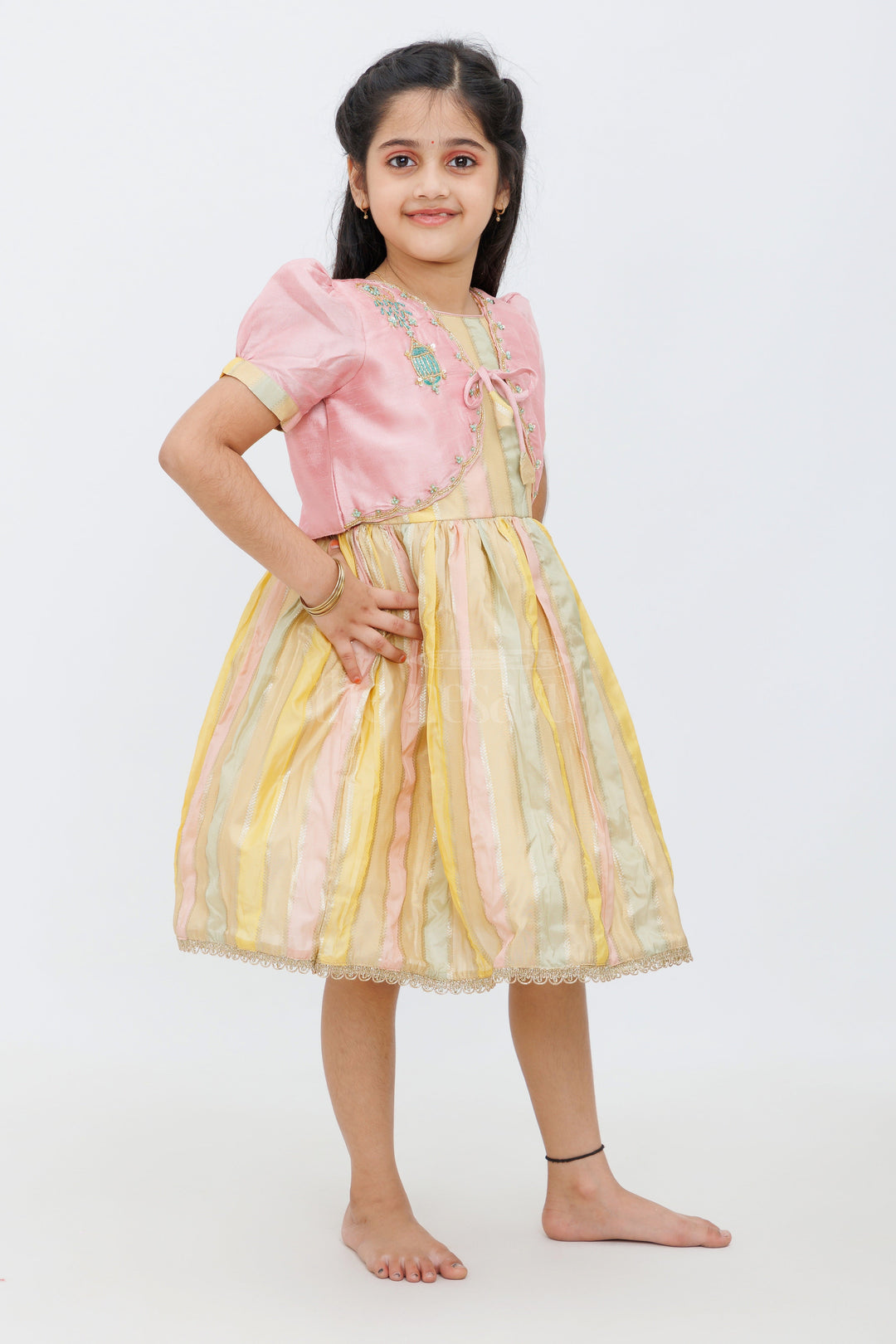 The Nesavu Silk Party Frock Pink and Gold Semi-Organza Frock for Girls with Embroidered Blouse Nesavu Pink Gold Girls Frock Striped Skirt Embroidered Blouse Festivals Celebrations