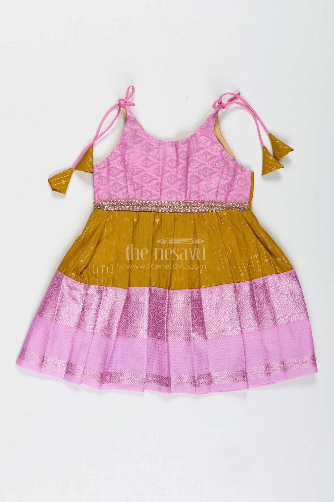 The Nesavu Tie-up Frock Pink and Mustard Frock for Baby Girls in Semi Silk Ideal for Birthdays and Traditional Gatherings Nesavu 14 (6M) / Pink / Style 1 SF999BA-14 Nesavu Pink And Mustard Frock For Baby Girls Semi Silk Ethnic Dress For Birthdays And Poojas