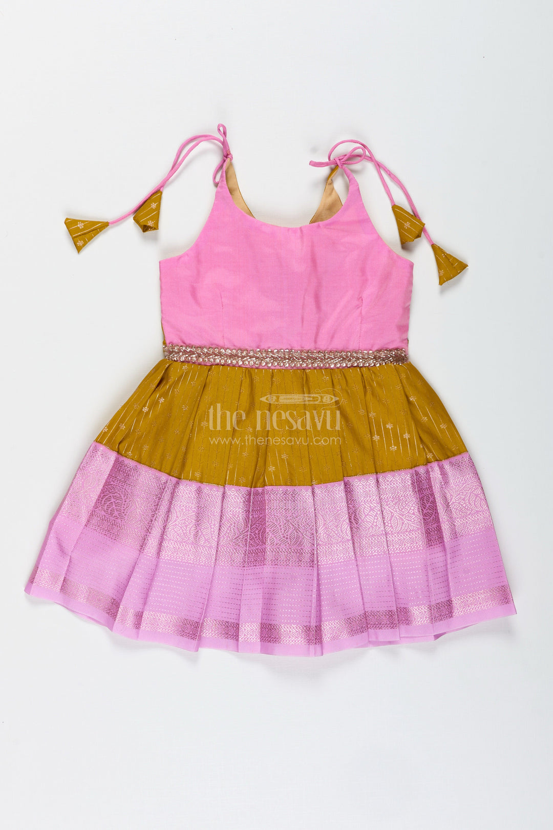 The Nesavu Tie-up Frock Pink and Mustard Frock for Baby Girls in Semi Silk Ideal for Birthdays and Traditional Gatherings Nesavu 14 (6M) / Pink / Style 2 SF999BB-14 Nesavu Pink And Mustard Frock For Baby Girls Semi Silk Ethnic Dress For Birthdays And Poojas