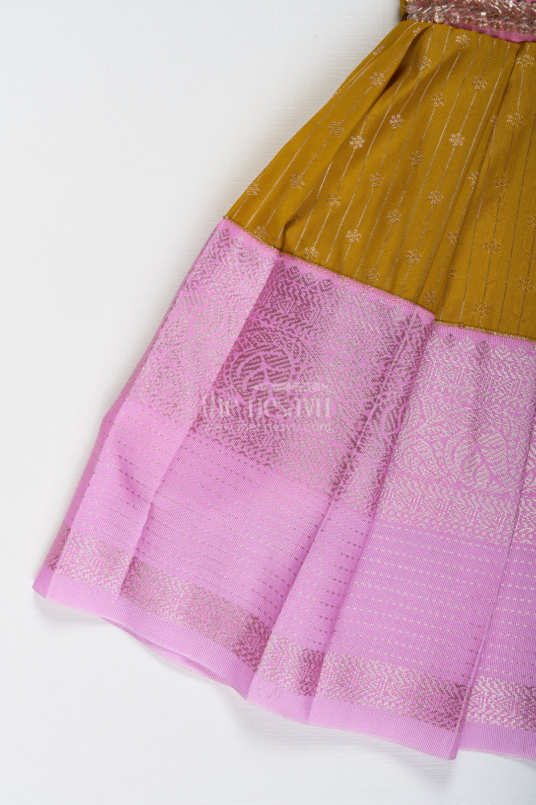 The Nesavu Tie-up Frock Pink and Mustard Frock for Baby Girls in Semi Silk Ideal for Birthdays and Traditional Gatherings Nesavu Nesavu Pink And Mustard Frock For Baby Girls Semi Silk Ethnic Dress For Birthdays And Poojas