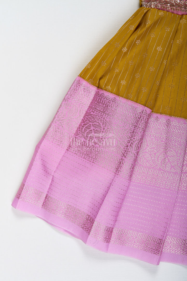 The Nesavu Tie-up Frock Pink and Mustard Frock for Baby Girls in Semi Silk Ideal for Birthdays and Traditional Gatherings Nesavu Nesavu Pink And Mustard Frock For Baby Girls Semi Silk Ethnic Dress For Birthdays And Poojas