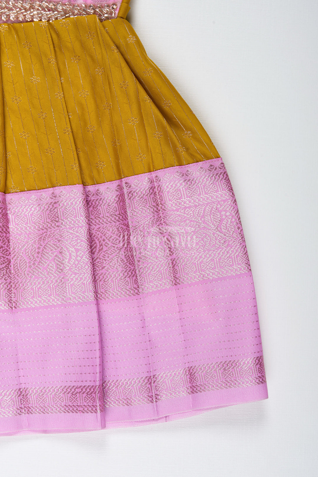 The Nesavu Tie-up Frock Pink and Mustard Frock for Baby Girls in Semi Silk Ideal for Birthdays and Traditional Gatherings Nesavu Nesavu Pink And Mustard Frock For Baby Girls Semi Silk Ethnic Dress For Birthdays And Poojas