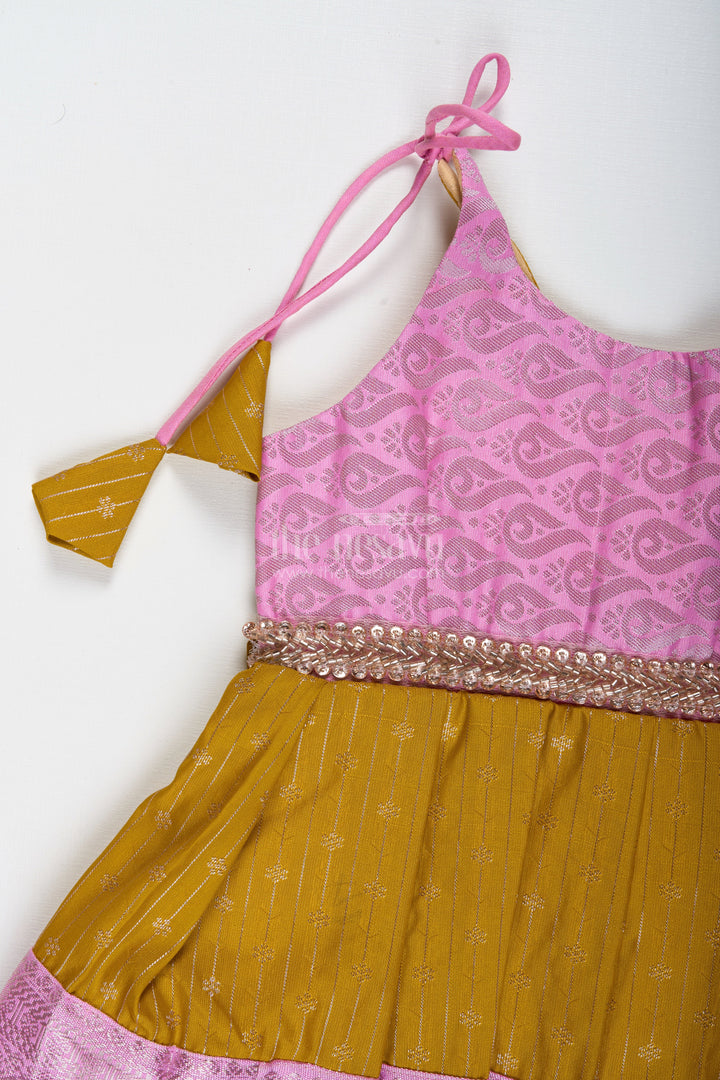 The Nesavu Tie-up Frock Pink and Mustard Frock for Baby Girls in Semi Silk Ideal for Birthdays and Traditional Gatherings Nesavu Nesavu Pink And Mustard Frock For Baby Girls Semi Silk Ethnic Dress For Birthdays And Poojas