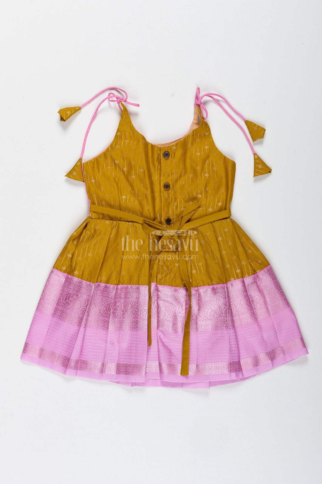 The Nesavu Tie-up Frock Pink and Mustard Frock for Baby Girls in Semi Silk Ideal for Birthdays and Traditional Gatherings Nesavu Nesavu Pink And Mustard Frock For Baby Girls Semi Silk Ethnic Dress For Birthdays And Poojas
