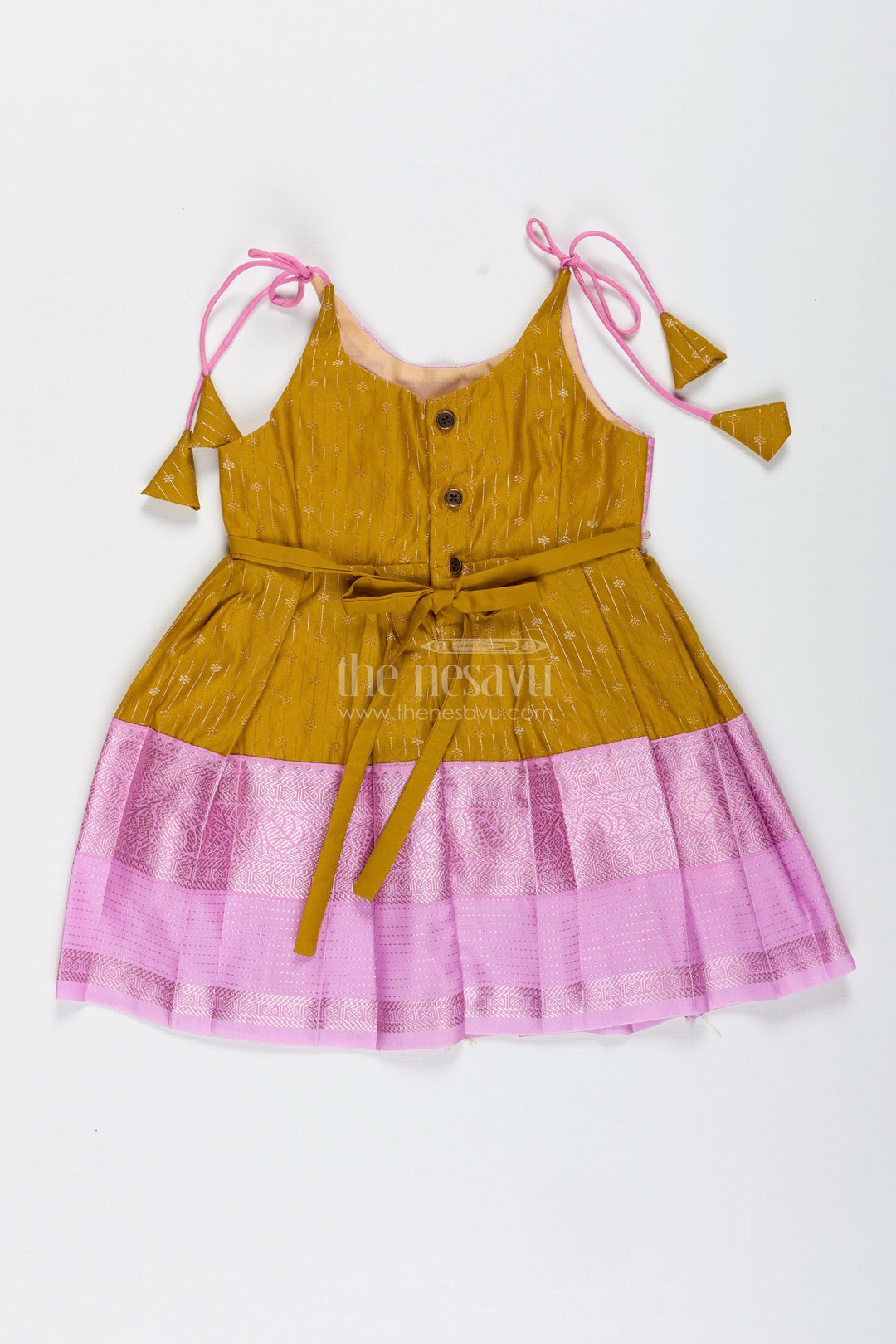 The Nesavu Tie-up Frock Pink and Mustard Frock for Baby Girls in Semi Silk Ideal for Birthdays and Traditional Gatherings Nesavu Nesavu Pink And Mustard Frock For Baby Girls Semi Silk Ethnic Dress For Birthdays And Poojas
