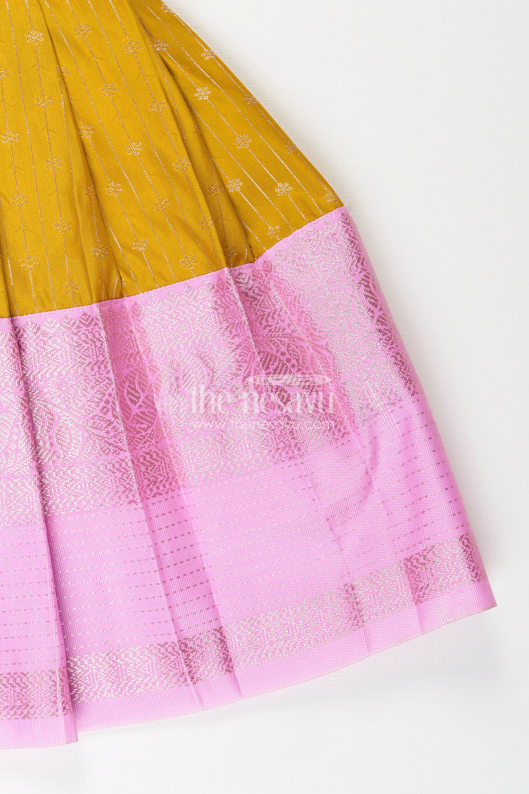 The Nesavu Tie-up Frock Pink and Mustard Frock for Baby Girls in Semi Silk Ideal for Birthdays and Traditional Gatherings Nesavu Nesavu Pink And Mustard Frock For Baby Girls Semi Silk Ethnic Dress For Birthdays And Poojas