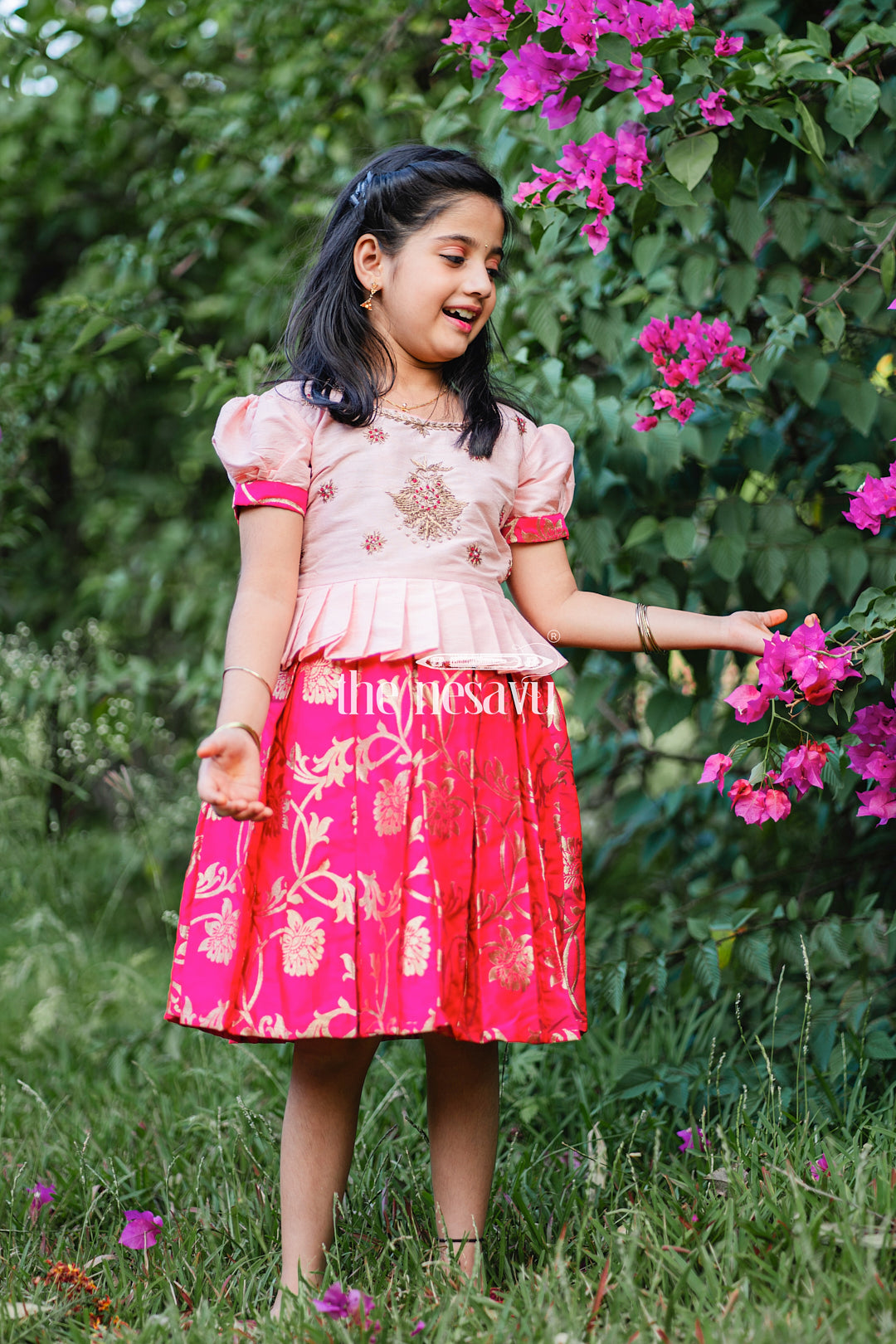 The Nesavu Silk Party Frock Pink and Red Banarasi Semi-Silk Dress for Girls - Perfect for Festive and Traditional Occasions Nesavu Pink and Red Banarasi Semi-Silk Dress for Girls - Festive and Traditional Occasions