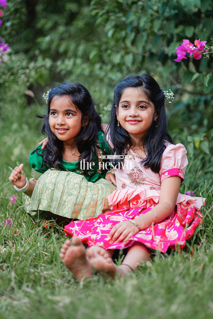 The Nesavu Silk Party Frock Pink and Red Banarasi Semi-Silk Dress for Girls - Perfect for Festive and Traditional Occasions Nesavu Pink and Red Banarasi Semi-Silk Dress for Girls - Festive and Traditional Occasions