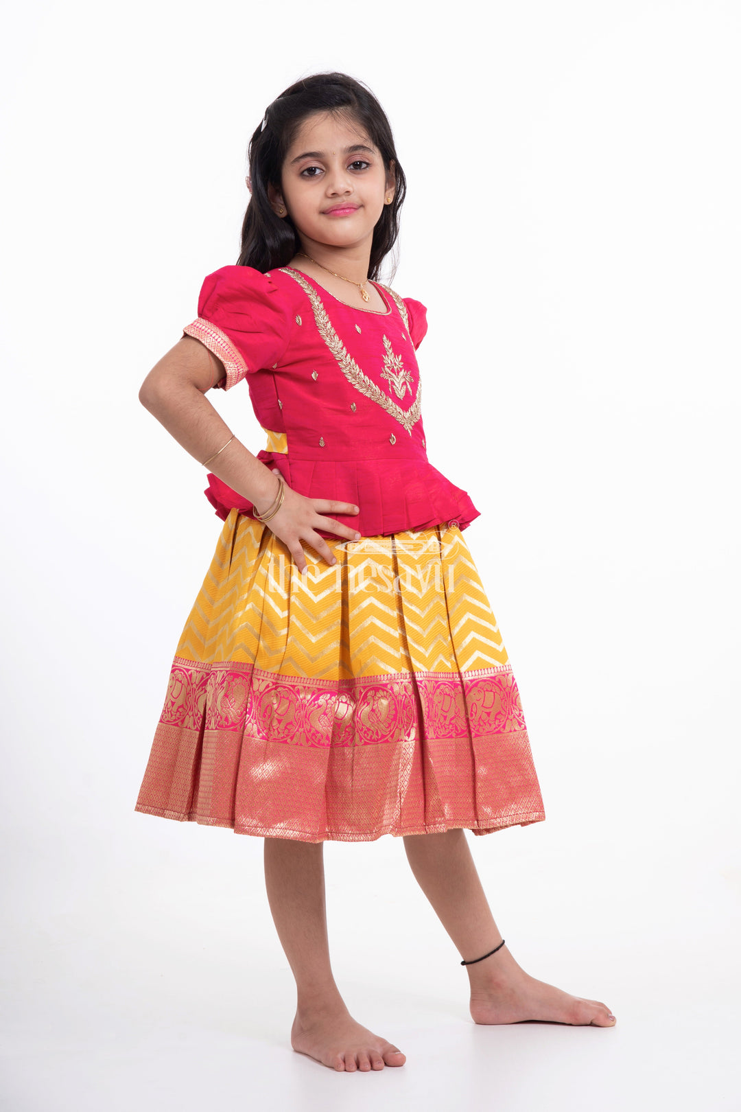 The Nesavu Silk Party Frock Pink and Yellow Brocade Dress for Girls Nesavu Pink and Yellow Brocade Dress for Girls - Traditional & Elegant