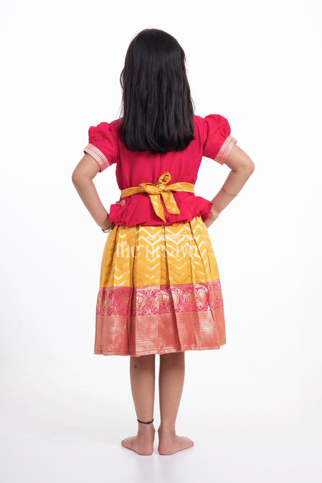 The Nesavu Silk Party Frock Pink and Yellow Brocade Dress for Girls Nesavu Pink and Yellow Brocade Dress for Girls - Traditional & Elegant | The Nesavu