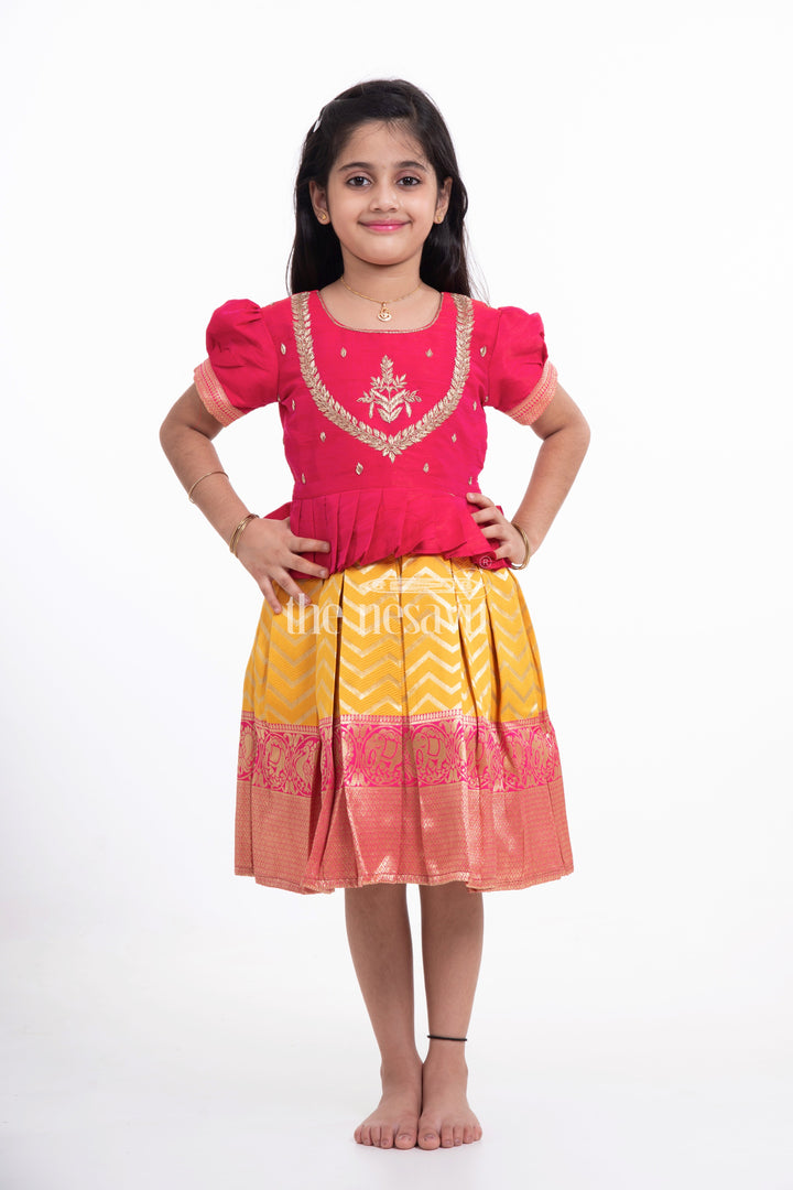 The Nesavu Silk Party Frock Pink and Yellow Brocade Dress for Girls Nesavu Pink and Yellow Brocade Dress for Girls - Traditional & Elegant | The Nesavu