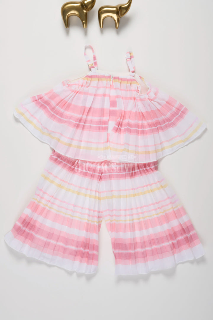 The Nesavu Girls Jumpsuit Pink and Yellow Striped Girls Jumpsuit with Pleated Sleeveless Design for Warm Days Nesavu Nesavu Pink Yellow Striped Girls Jumpsuit Pleated Culottes Casual Semi-Formal Occasions