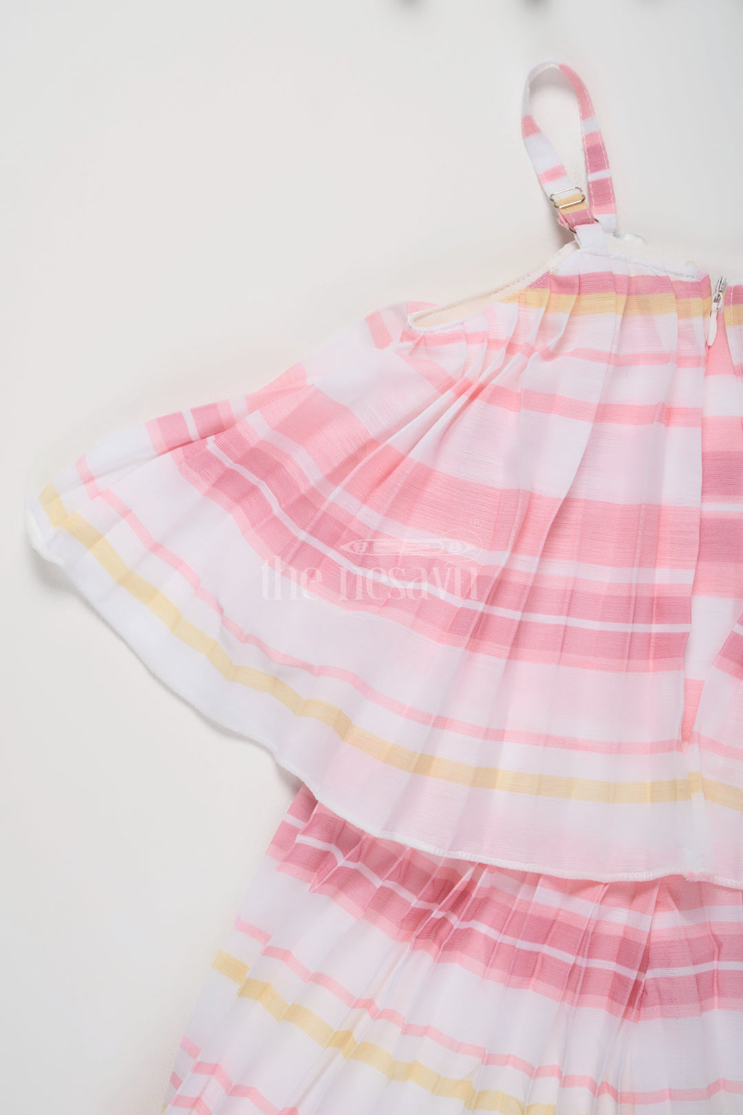 The Nesavu Girls Jumpsuit Pink and Yellow Striped Girls Jumpsuit with Pleated Sleeveless Design for Warm Days Nesavu Nesavu Pink Yellow Striped Girls Jumpsuit Pleated Culottes Casual Semi-Formal Occasions