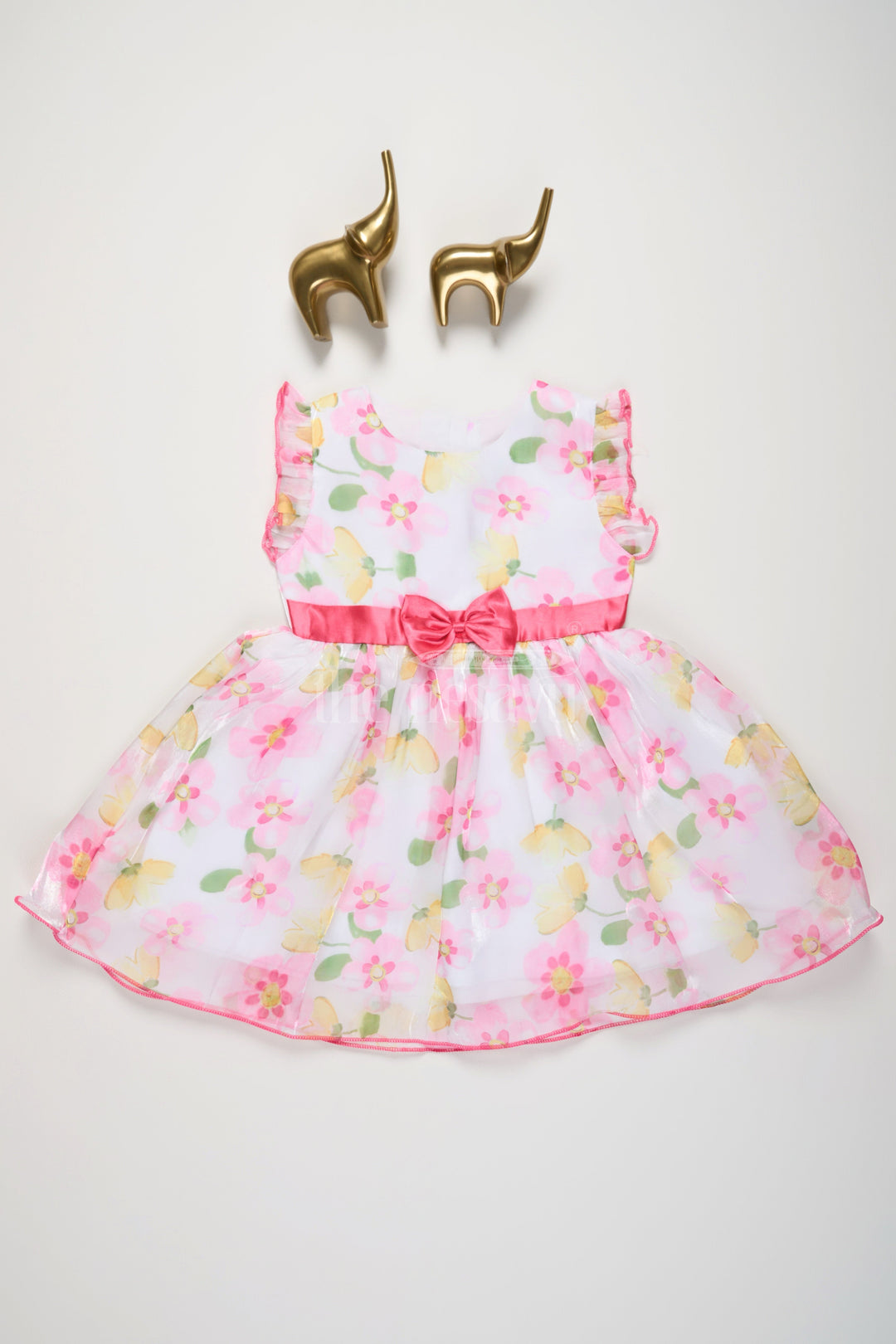 The Nesavu Baby Cotton Frocks Pink Baby Cotton Frock with Floral Print and Sleeveless Organza Overlay Nesavu 14 (6M) / Pink BFJ659B-14 Nesavu Pink Floral Baby Cotton Frock Organza Overlay Satin Bow