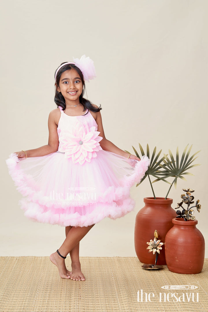 The Nesavu Girls Fancy Party Frock Pink Baby Girl Frock with Soft Net for Birthdays and Photoshoots Nesavu 16 (1Y) / Pink PF269A-16 Nesavu Baby Girl Birthday Frock Pink Soft Net Floral Party Dress Headband Photoshoots