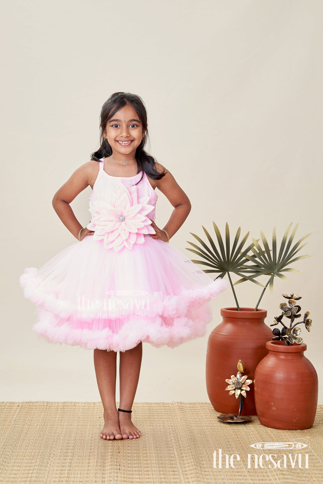 The Nesavu Girls Fancy Party Frock Pink Baby Girl Frock with Soft Net for Birthdays and Photoshoots Nesavu Nesavu Baby Girl Birthday Frock Pink Soft Net Floral Party Dress Headband Photoshoots