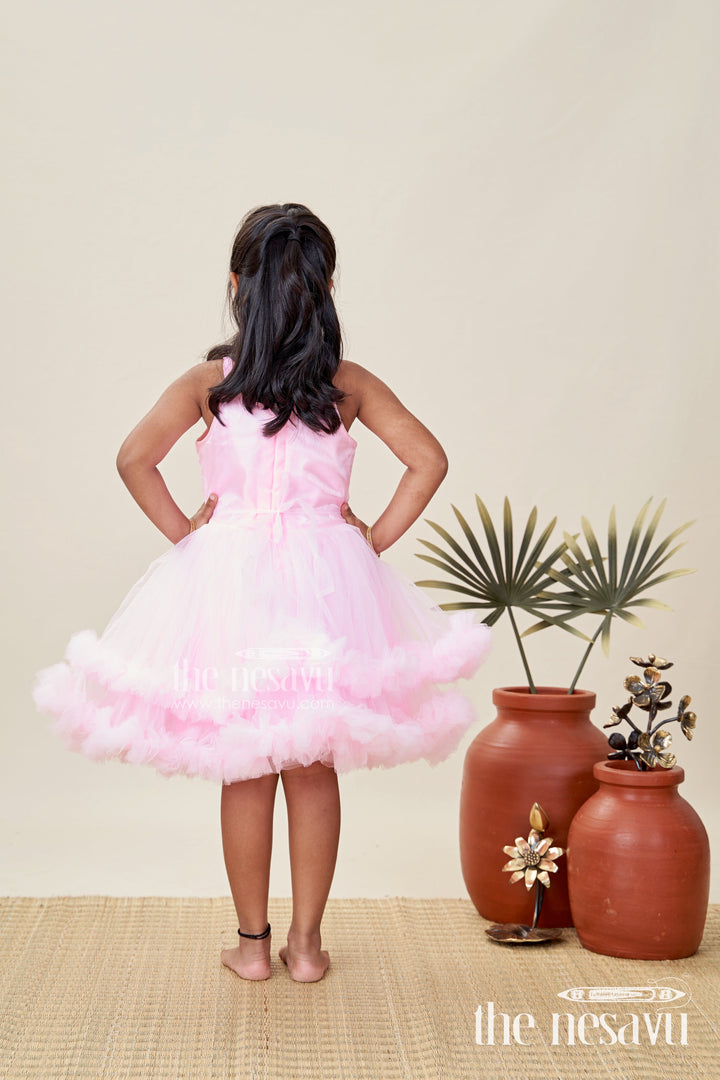 The Nesavu Girls Fancy Party Frock Pink Baby Girl Frock with Soft Net for Birthdays and Photoshoots Nesavu Nesavu Baby Girl Birthday Frock Pink Soft Net Floral Party Dress Headband Photoshoots