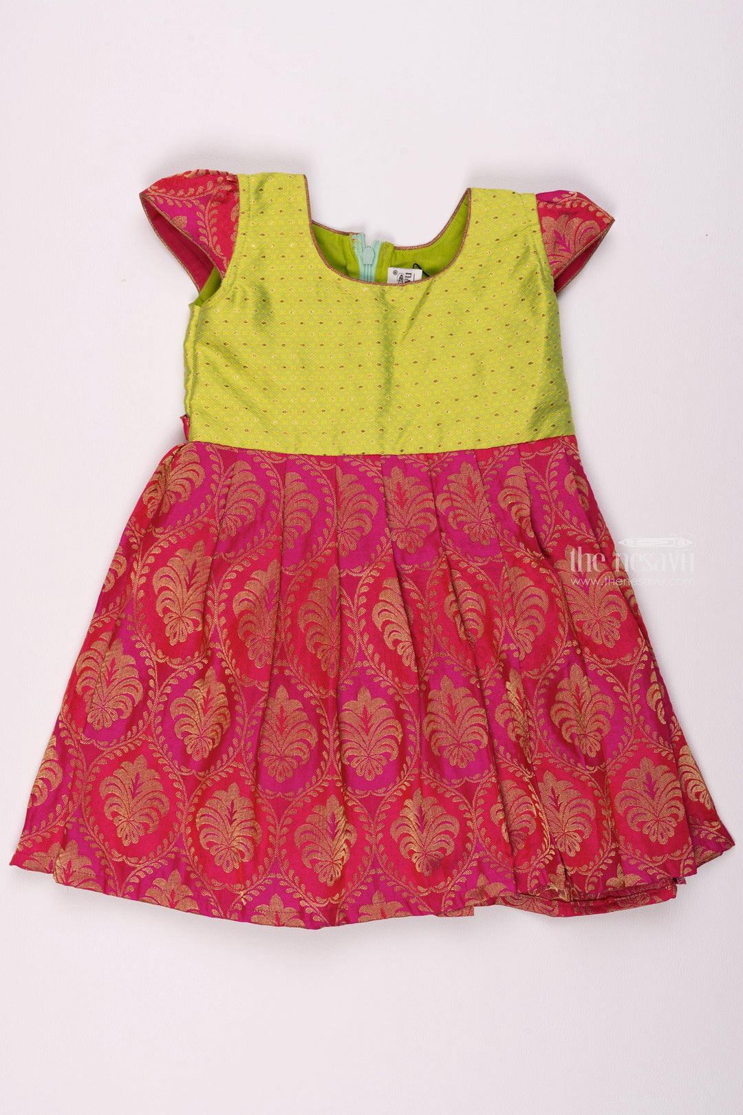 The Nesavu Silk Frock Pink Banarasi Pleated Charm with Zari-Embroidered Green Yoke: Timeless Grandeur for Girls Nesavu 18 (2Y) / Pink / Banarasi SF687C-18 Baby Girl South Indian Frock | Baby Indian Silk frock | The Nesavu