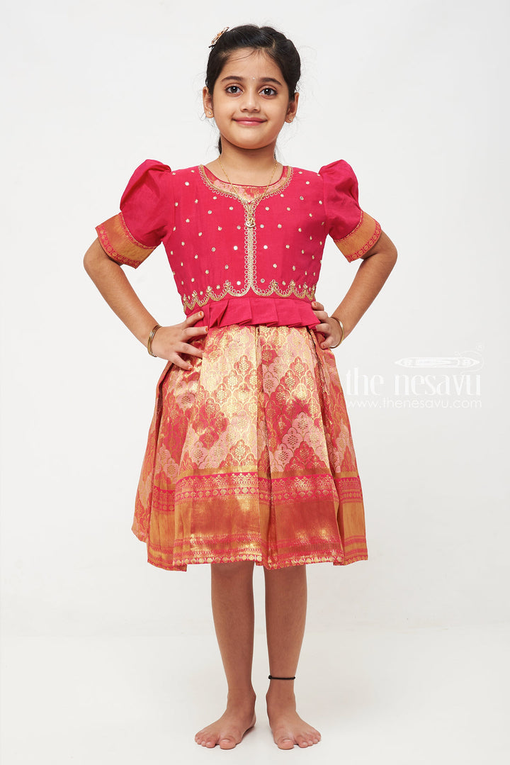 The Nesavu Silk Party Frock Pink Banarasi Silk Party Frock with Peplum and Puff Sleeves for Girls Nesavu 16 (1Y) / Pink SF777A-16 Pink Banarasi Silk Party Frock with Peplum and Puff Sleeves for Girls Nesavu