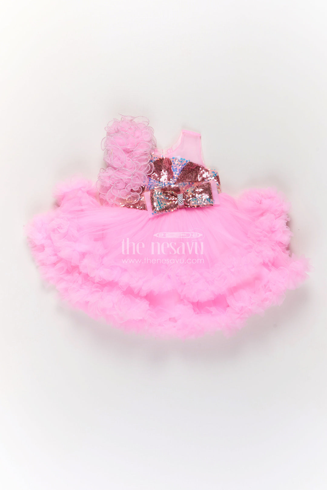 The Nesavu Girls Fancy Party Frock Pink Birthday Dress for Girls in Net with Ruffle Layers and Sequinned Yoke and Bow Nesavu Pink Birthday Dress Girls Net Sequin Yoke Layered Ruffle Skirt | The Nesavu
