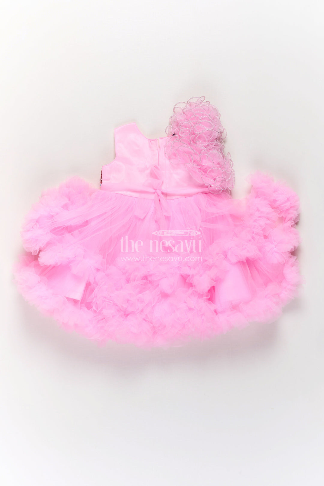 The Nesavu Girls Fancy Party Frock Pink Birthday Dress for Girls in Net with Ruffle Layers and Sequinned Yoke and Bow Nesavu Pink Birthday Dress Girls Net Sequin Yoke Layered Ruffle Skirt | The Nesavu