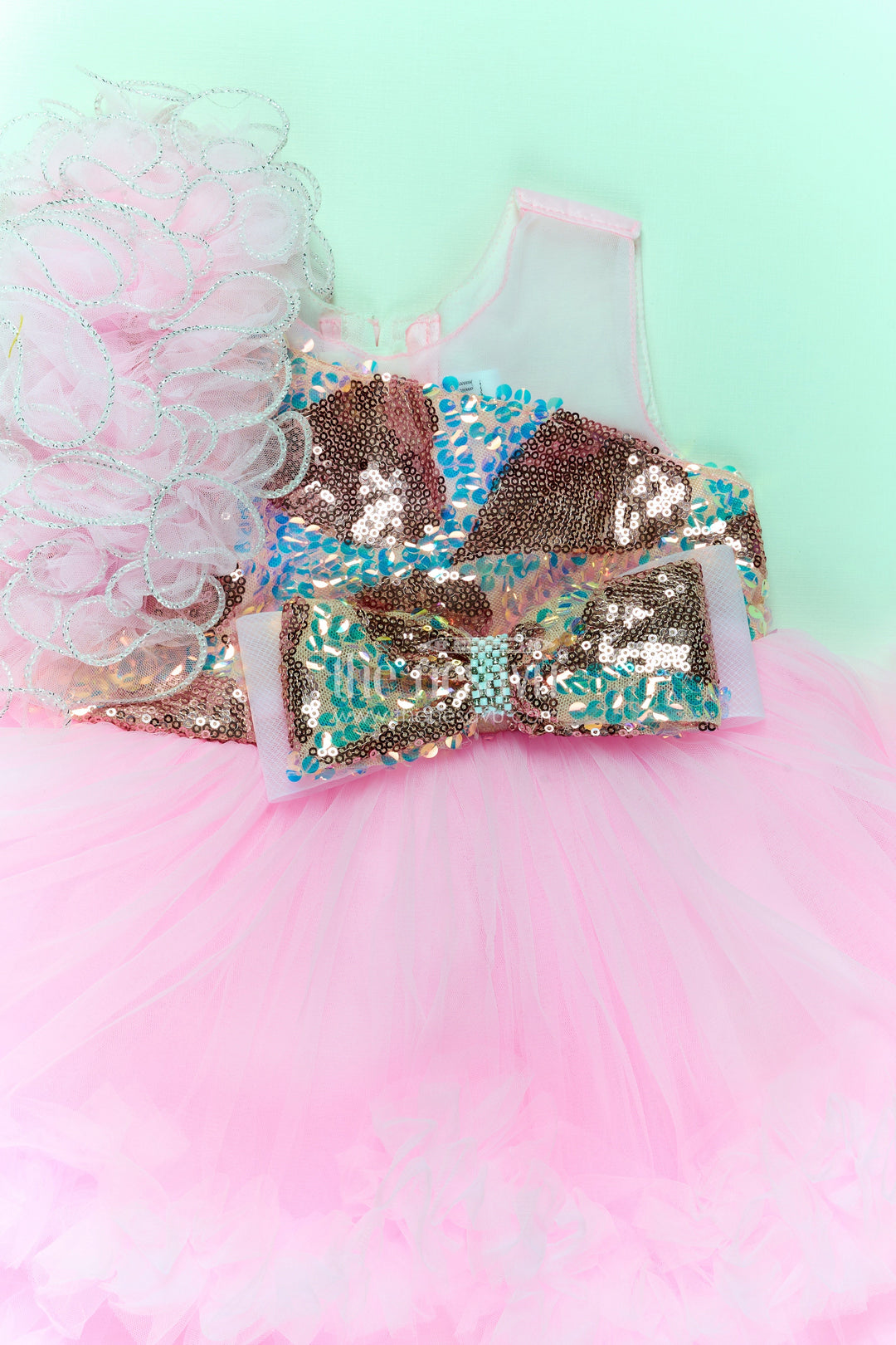 The Nesavu Girls Fancy Party Frock Pink Birthday Dress for Girls in Net with Ruffle Layers and Sequinned Yoke and Bow Nesavu Pink Birthday Dress Girls Net Sequin Yoke Layered Ruffle Skirt | The Nesavu