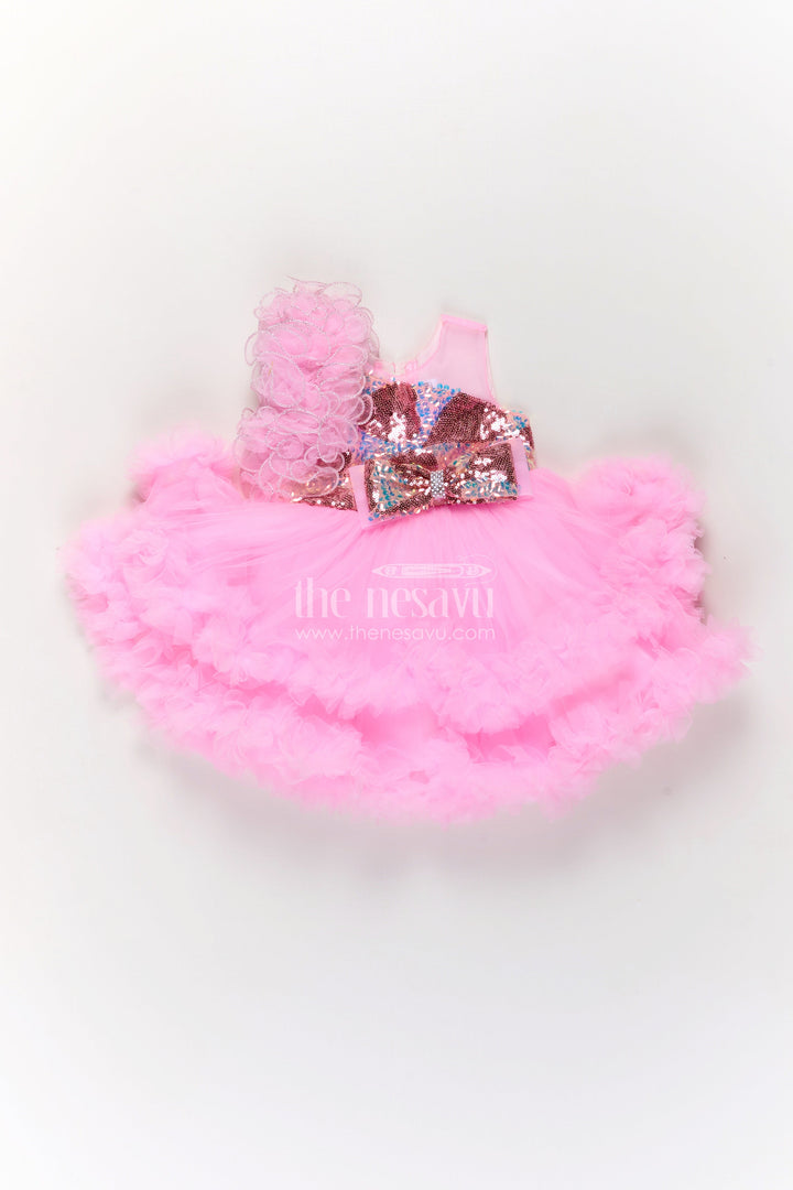 The Nesavu Girls Fancy Party Frock Pink Birthday Dress for Girls in Net with Ruffle Layers and Sequinned Yoke and Bow Nesavu Pink Birthday Dress Girls Net Sequin Yoke Layered Ruffle Skirt | The Nesavu