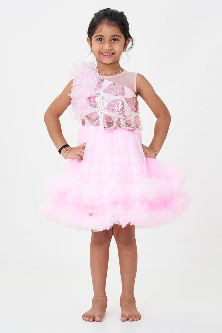 The Nesavu Girls Fancy Party Frock Pink Birthday Dress for Girls in Net with Ruffle Layers and Sequinned Yoke and Bow Nesavu Pink Birthday Dress Girls Net Sequin Yoke Layered Ruffle Skirt | The Nesavu