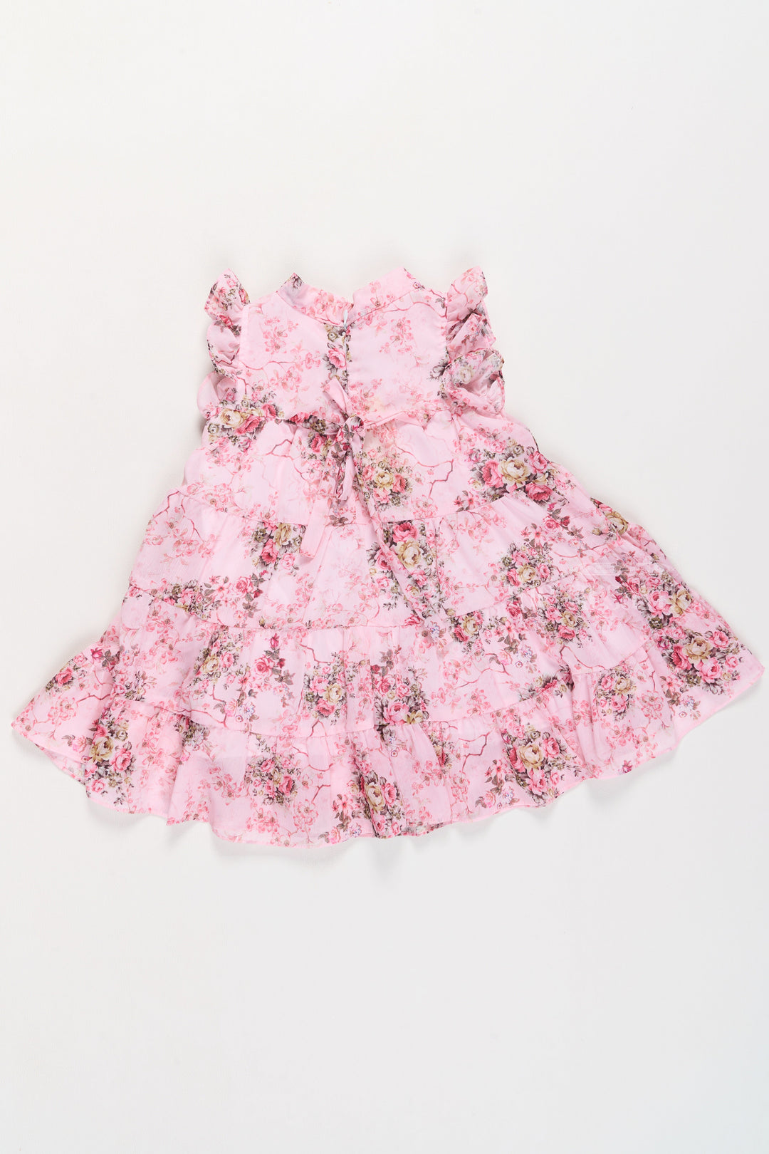 The Nesavu Girls Fancy Frock Pink Birthday Frock for Girls with Floral Patterns and Elegant Bow Detail Nesavu Pink Birthday Frock Girls Floral Patterns Tiered Skirt Bow Detail | The Nesavu