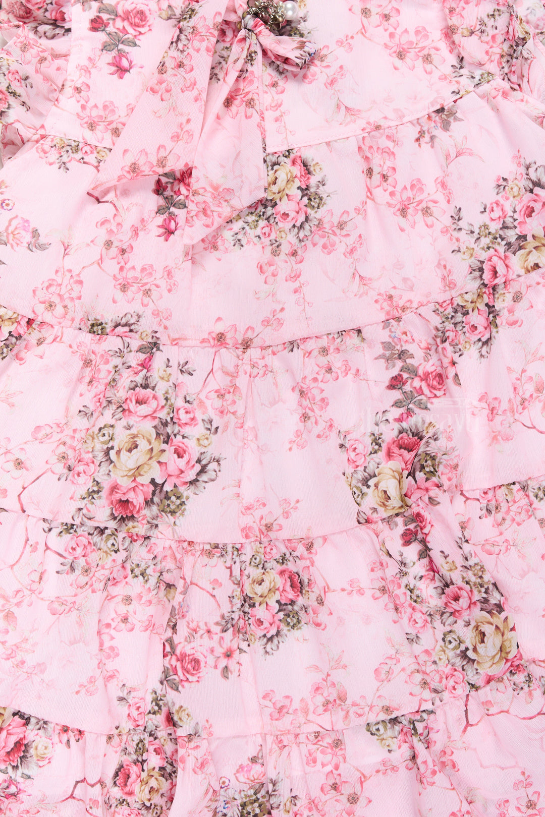 The Nesavu Girls Fancy Frock Pink Birthday Frock for Girls with Floral Patterns and Elegant Bow Detail Nesavu Pink Birthday Frock Girls Floral Patterns Tiered Skirt Bow Detail | The Nesavu