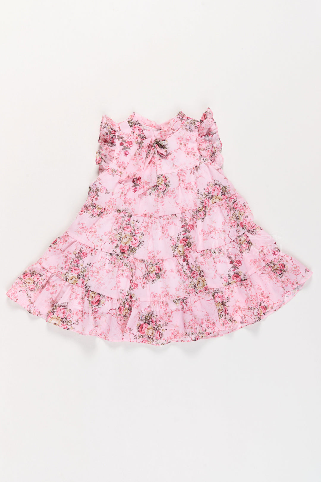 The Nesavu Girls Fancy Frock Pink Birthday Frock for Girls with Floral Patterns and Elegant Bow Detail Nesavu Pink Birthday Frock Girls Floral Patterns Tiered Skirt Bow Detail | The Nesavu