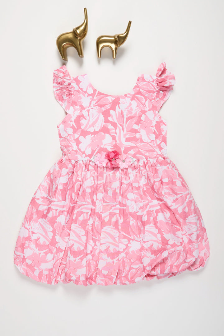 The Nesavu Girls Fancy Frock Pink Blended Cotton Girls Fancy Frock with Floral Print and Ruffle Sleeves Nesavu 20 (3Y) / Pink GFC1433A-20 Nesavu Pink Floral Girls Fancy Frock Ruffle Sleeves Cotton Blend Fabric