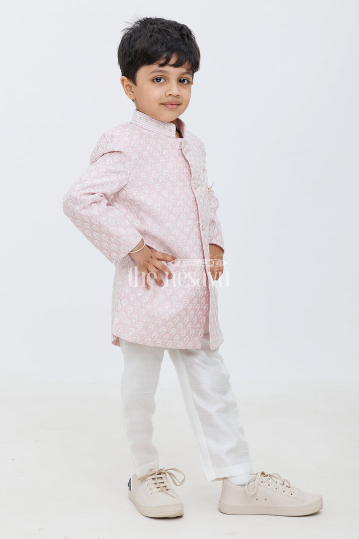 The Nesavu Boys Sherwani Pink Blended Silk Boys Sherwani Set with Cream Pants Nesavu 14 (6M) / Silver BES572B-14 Pink Boys Sherwani Set Jacquard Kurta Cream Silk Pants Special Occasions