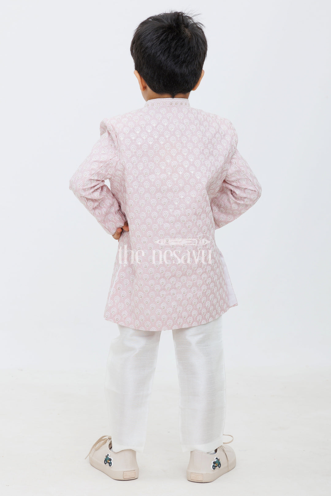 The Nesavu Boys Sherwani Pink Blended Silk Boys Sherwani Set with Cream Pants Nesavu Pink Boys Sherwani Set Jacquard Kurta Cream Silk Pants Special Occasions