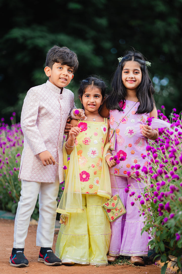 The Nesavu Boys Sherwani Pink Blended Silk Boys Sherwani Set with Cream Pants Nesavu Pink Boys Sherwani Set Jacquard Kurta Cream Silk Pants Special Occasions