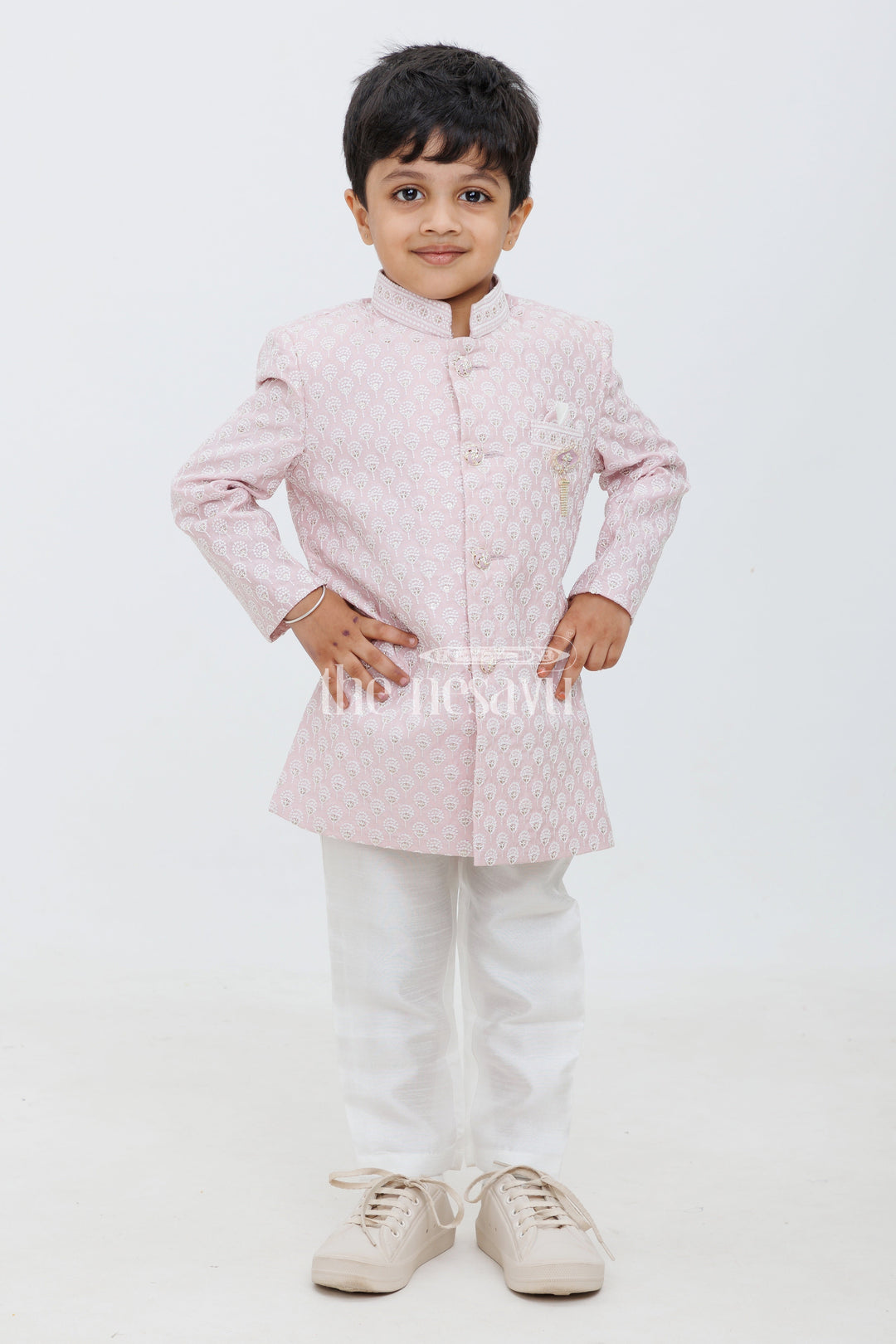 The Nesavu Boys Sherwani Pink Blended Silk Boys Sherwani Set with Cream Pants Nesavu Pink Boys Sherwani Set Jacquard Kurta Cream Silk Pants Special Occasions