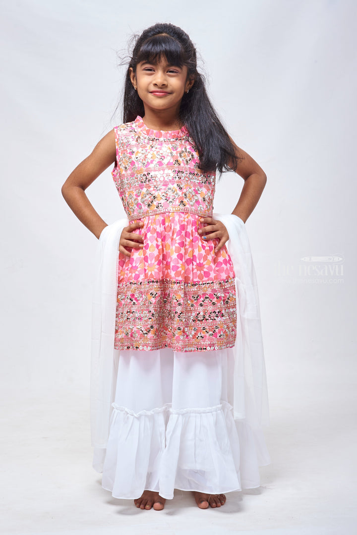 The Nesavu Girls Lehenga Choli Pink Blossom: Sequin Embroidered Floral Designer Pink Kurti & Lehenga Set with Dupatta for Girls Nesavu 24 (5Y) / Pink / Chinnon GL371B-24 Floral Lehenga Set for Girls | Contemporary Kids Lehenga with Dupatta | The Nesavu