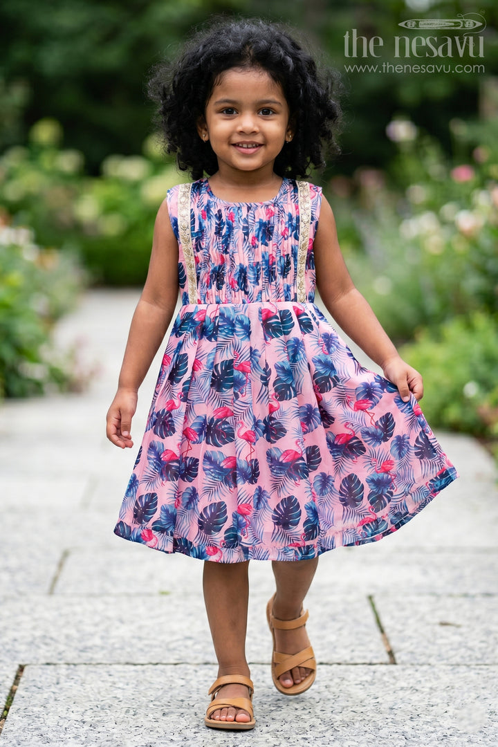 The Nesavu Girls Cotton Frock Pink Botanical Bliss Cotton Frock: Tropical Leaf Print with Sparkling Accents for Girls Nesavu 14 (6M) / Pink / Chanderi GFC1202B-14 Girls Tropical Leaf Cotton Dress | The Nesavu