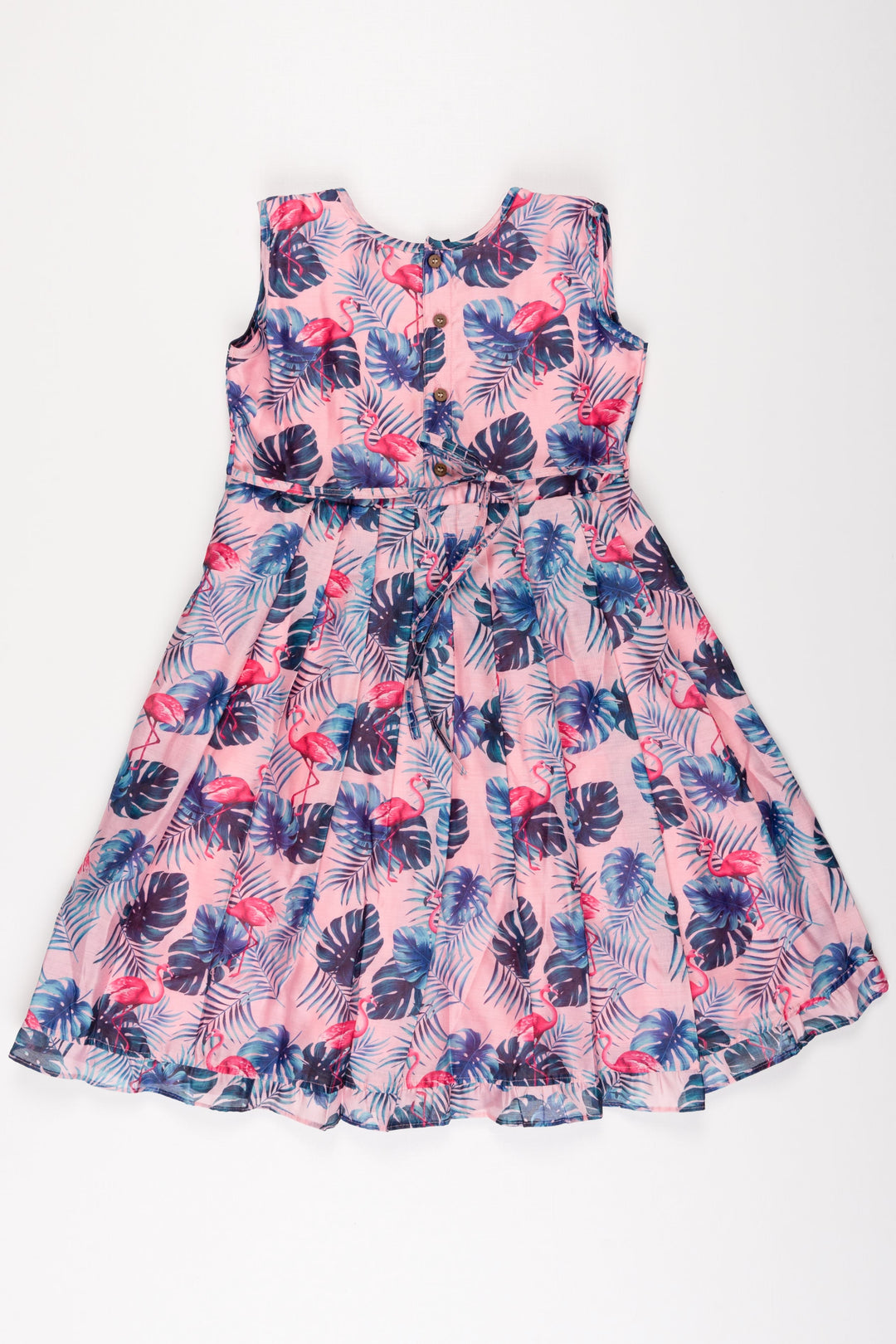 The Nesavu Girls Cotton Frock Pink Botanical Bliss Cotton Frock: Tropical Leaf Print with Sparkling Accents for Girls Nesavu Girls' Tropical Leaf Cotton Dress | Sparkling Pink Frock | Summer Wear for Kids | The Nesavu