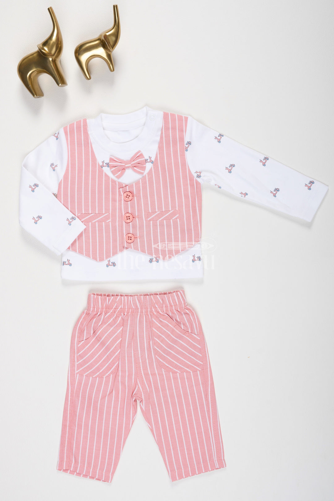 The Nesavu Boys Casual Set Pink Boys Waistcoat and Pant Set with Scooter Print Nesavu 10 (NB) / Pink BCS103A-10 Pink Boys' Waistcoat and Pant Set with Scooter Print - Nesavu