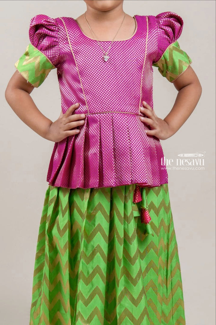 The Nesavu Pattu Pavadai Pink Brocade Designer Silk Blouse with Green Silk Skirt for Girls Nesavu Pink Brocade Silk Blouse with Green Silk Skirt | Traditional Pattu Pavadai |The Nesavu