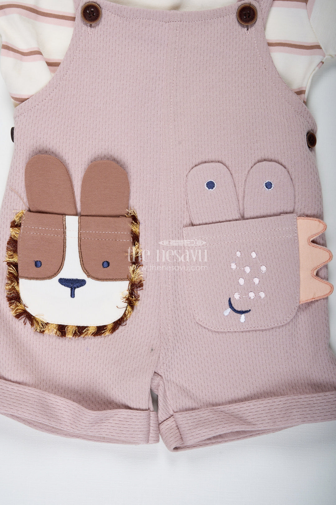 The Nesavu Boys Casual Set Pink Casual Outfits for Boys in Soft Cotton with Animal Face Patch and Striped Sleeve Tee Set Nesavu Nesavu Pink Casual Outfits Boys Cotton Animal Patch Striped Tee Two Piece Set