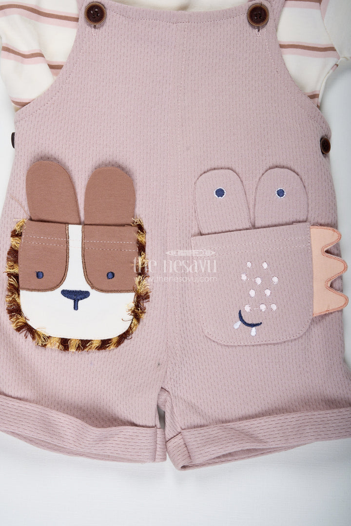 The Nesavu Boys Casual Set Pink Casual Outfits for Boys in Soft Cotton with Animal Face Patch and Striped Sleeve Tee Set Nesavu Nesavu Pink Casual Outfits Boys Cotton Animal Patch Striped Tee Two Piece Set