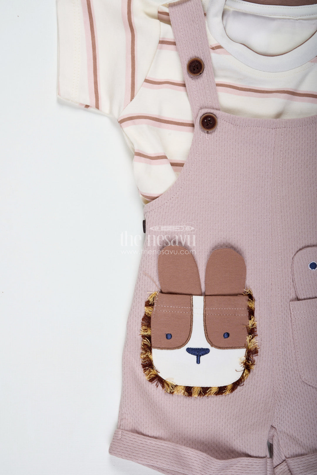 The Nesavu Boys Casual Set Pink Casual Outfits for Boys in Soft Cotton with Animal Face Patch and Striped Sleeve Tee Set Nesavu Nesavu Pink Casual Outfits Boys Cotton Animal Patch Striped Tee Two Piece Set