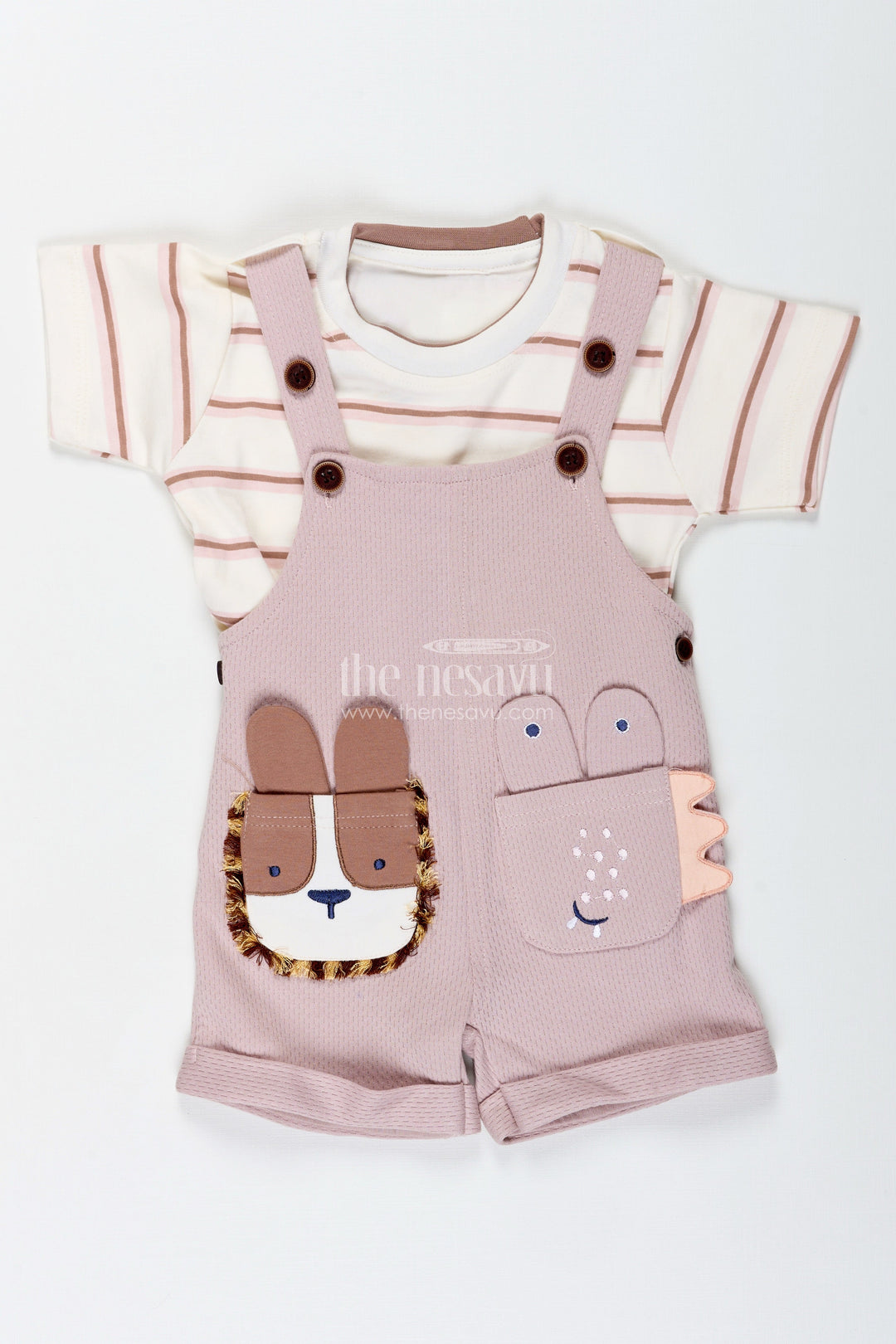 The Nesavu Boys Casual Set Pink Casual Outfits for Boys in Soft Cotton with Animal Face Patch and Striped Sleeve Tee Set Nesavu Nesavu Pink Casual Outfits Boys Cotton Animal Patch Striped Tee Two Piece Set