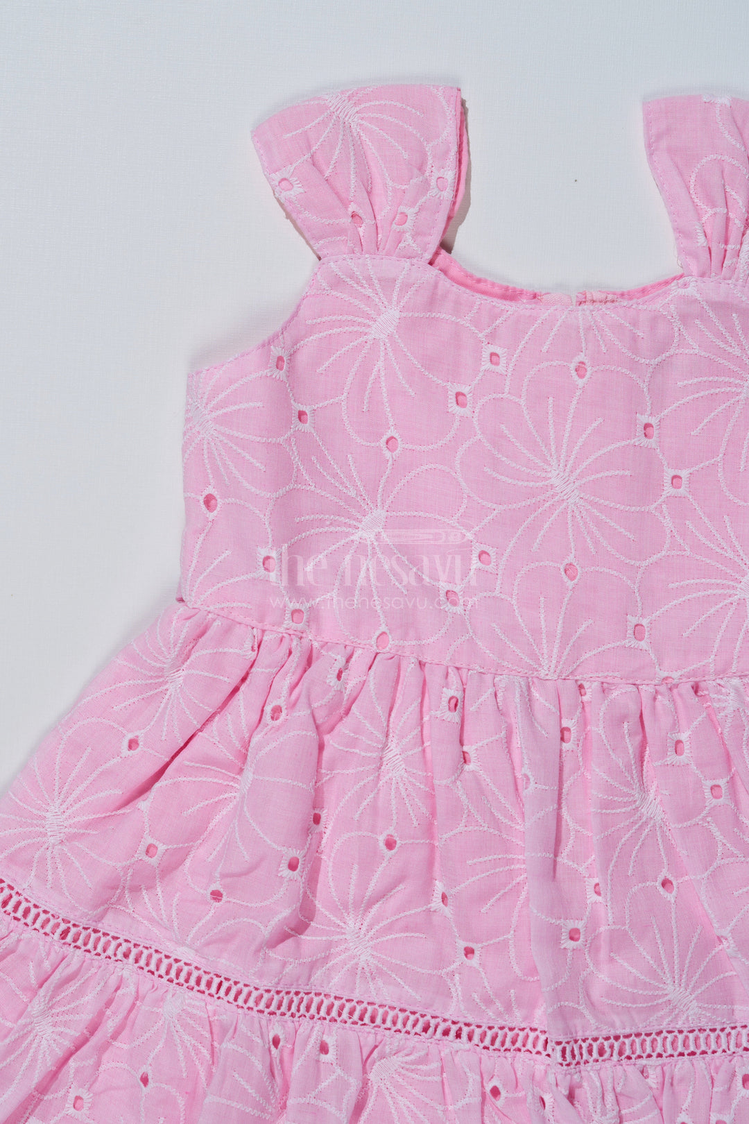 The Nesavu Girls Cotton Frock Pink Casual Short Dress for Girls in Pastel Cotton with Chikankari Embroidery Nesavu Pink Casual Short Dress Girls Pastel Cotton Chikankari Embroidery | The Nesavu