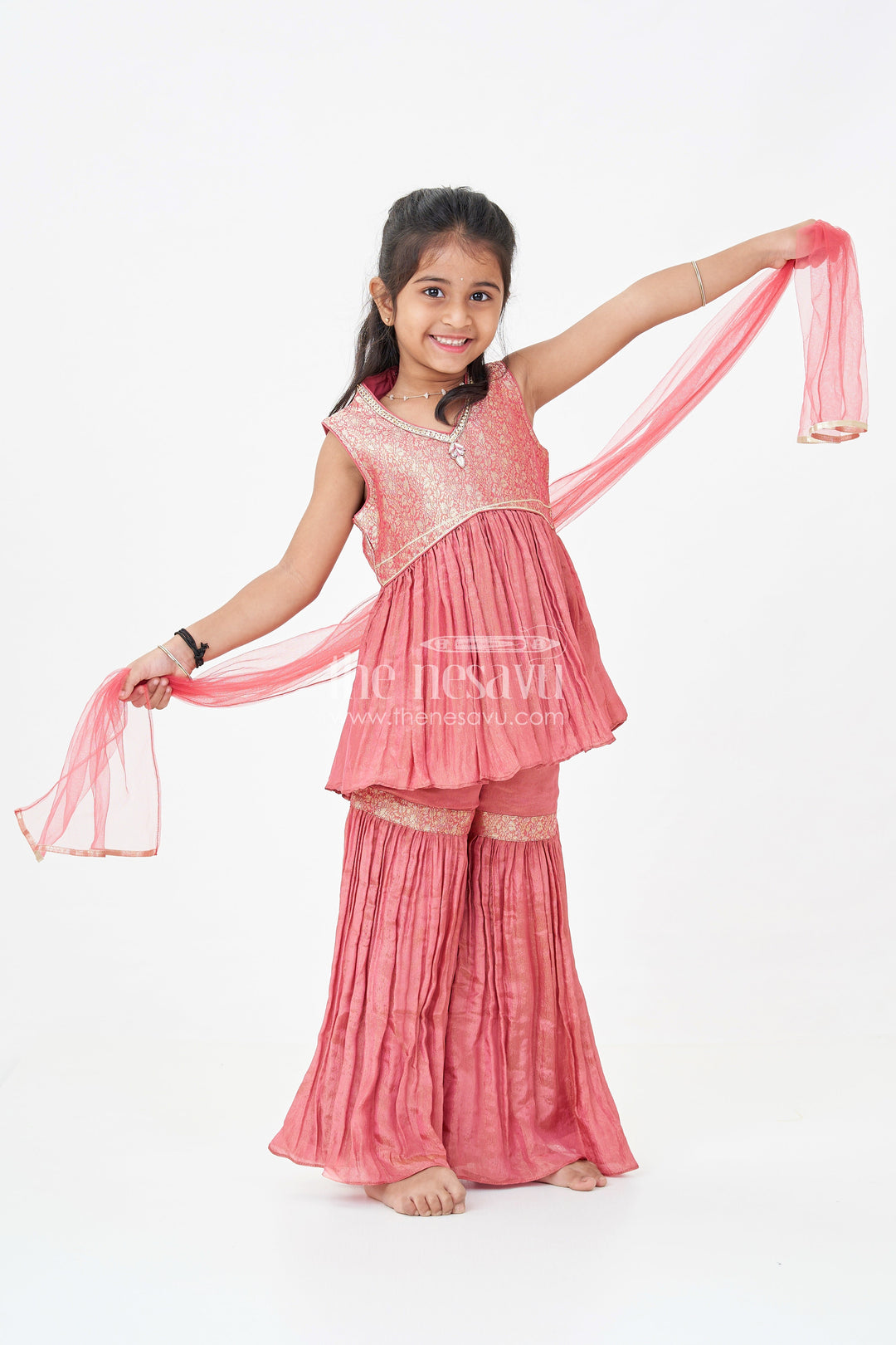The Nesavu Girls Sharara / Plazo Set Pink Colour Sharara Set for Girls in Organza with Brocade Top Dupatta and Flared Bottoms Nesavu 16 (1Y) / Pink GPS620A-16 Pink Colour Sharara Set Girls Organza Embroidered Top Flared Palazzo Pants | The Nesavu